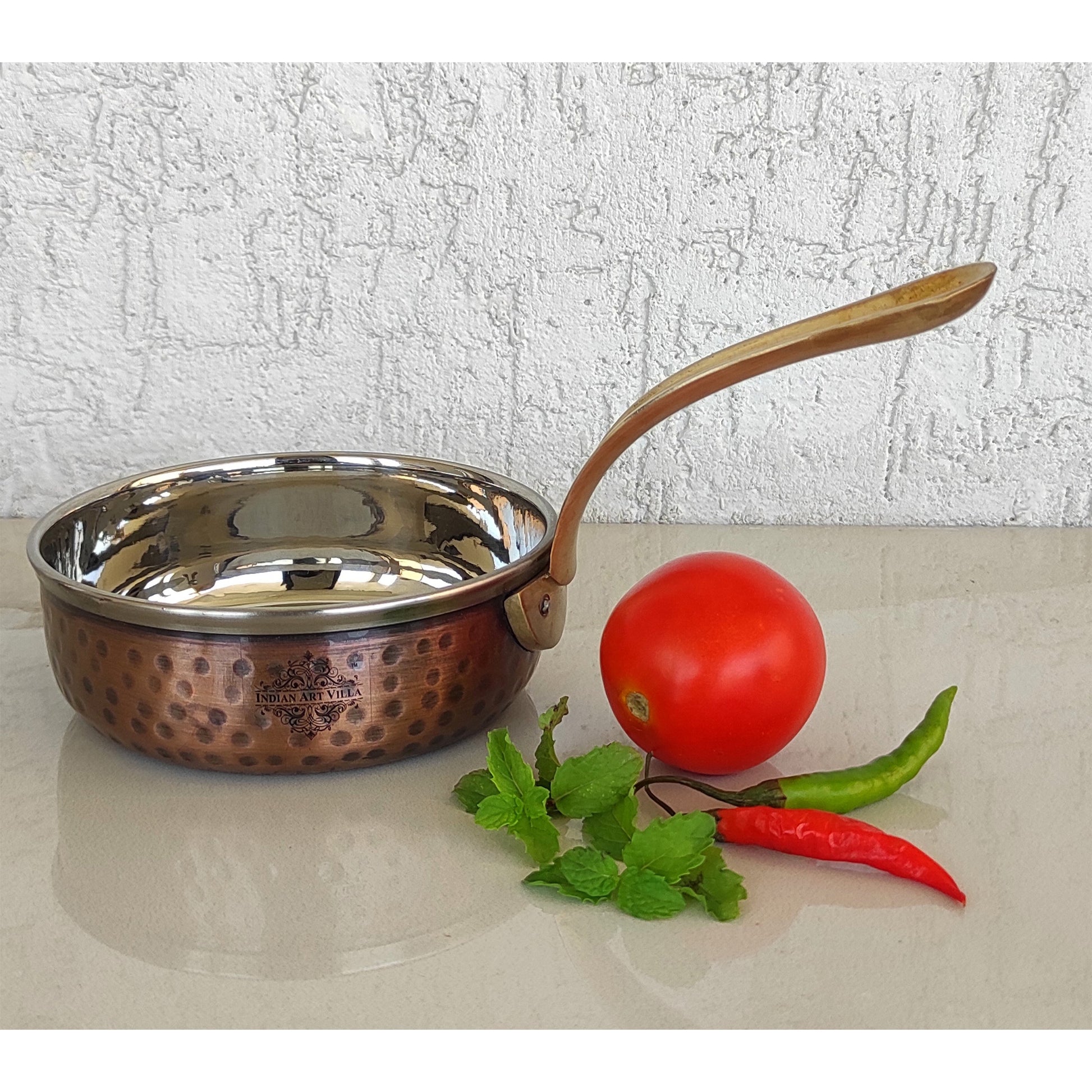 Steel Copper Hammered Antique Dark Tone Design Fry Pan with Brass Handle