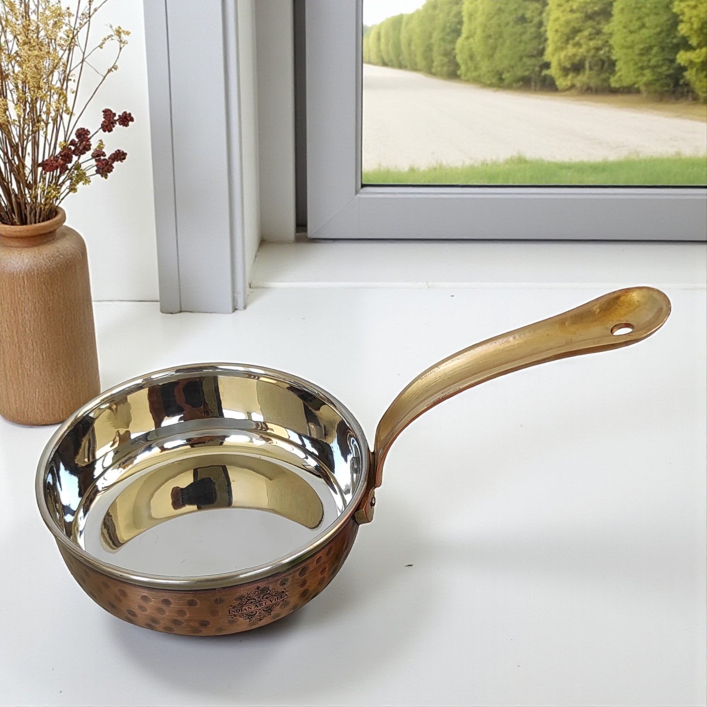 Steel Copper Hammered Antique Dark Tone Design Fry Pan with Brass Handle