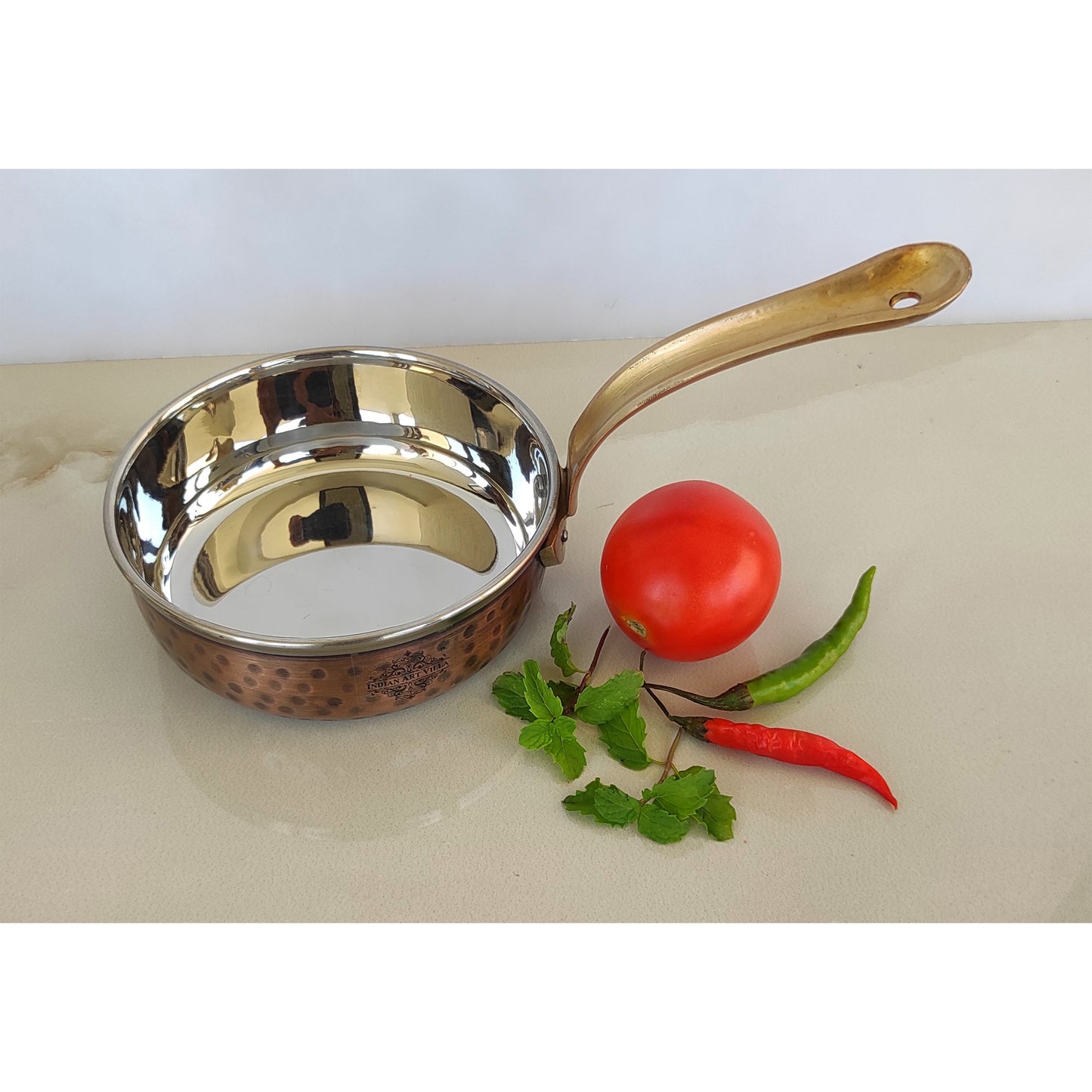 Steel Copper Hammered Antique Dark Tone Design Fry Pan with Brass Handle