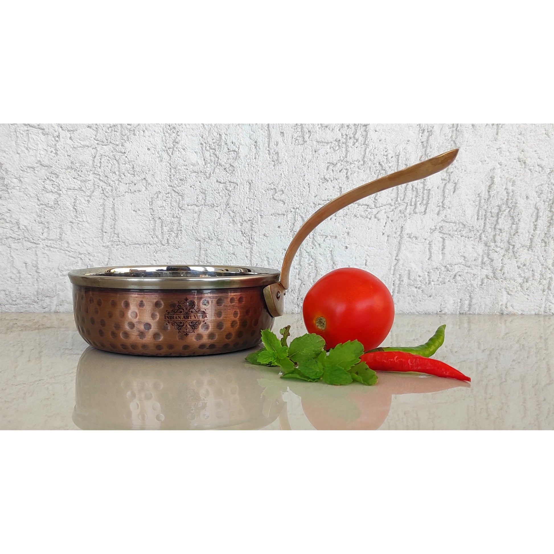 Steel Copper Hammered Antique Dark Tone Design Fry Pan with Brass Handle