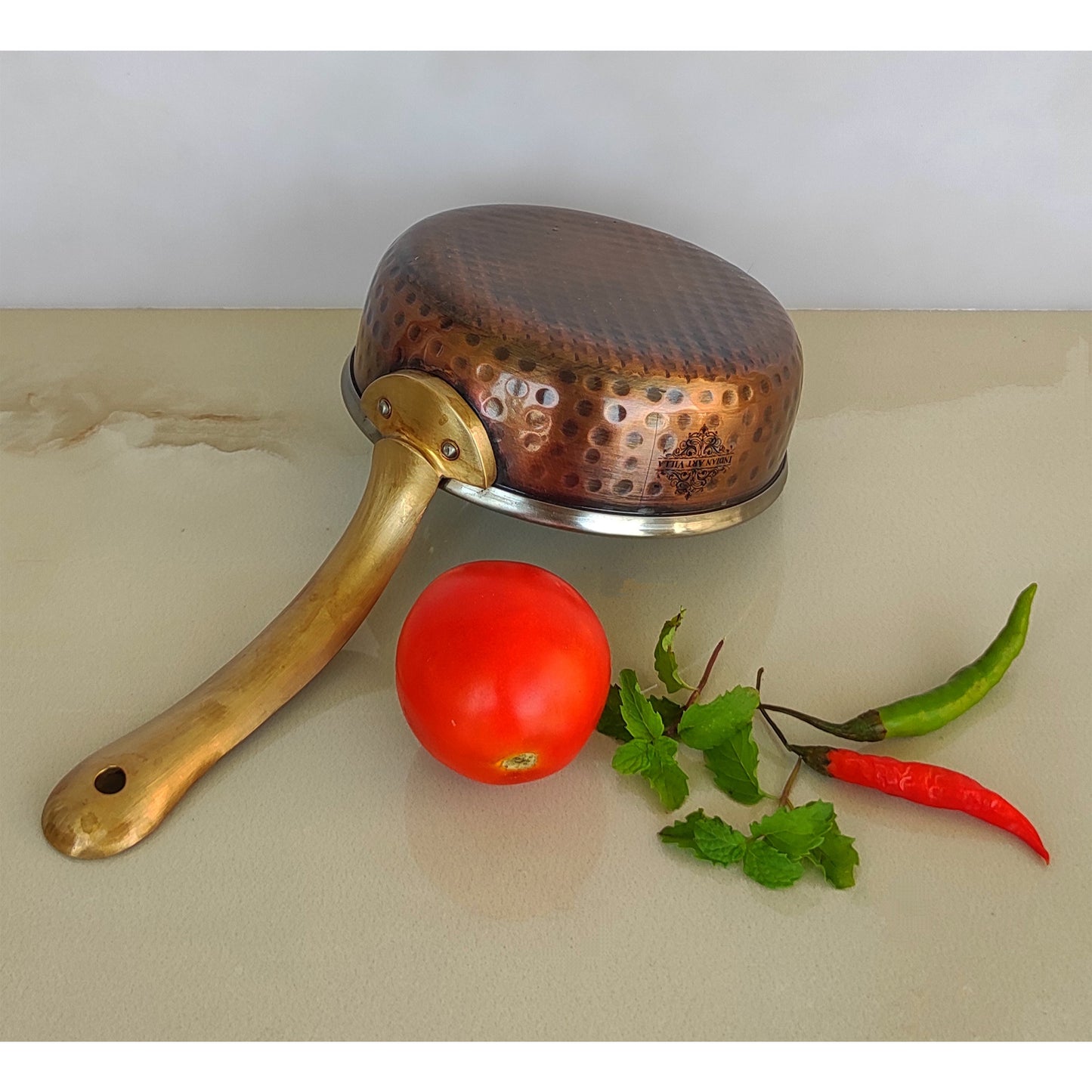 Steel Copper Hammered Antique Dark Tone Design Fry Pan with Brass Handle