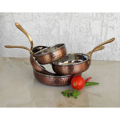 Steel Copper Hammered Antique Dark Tone Design Fry Pan with Brass Handle
