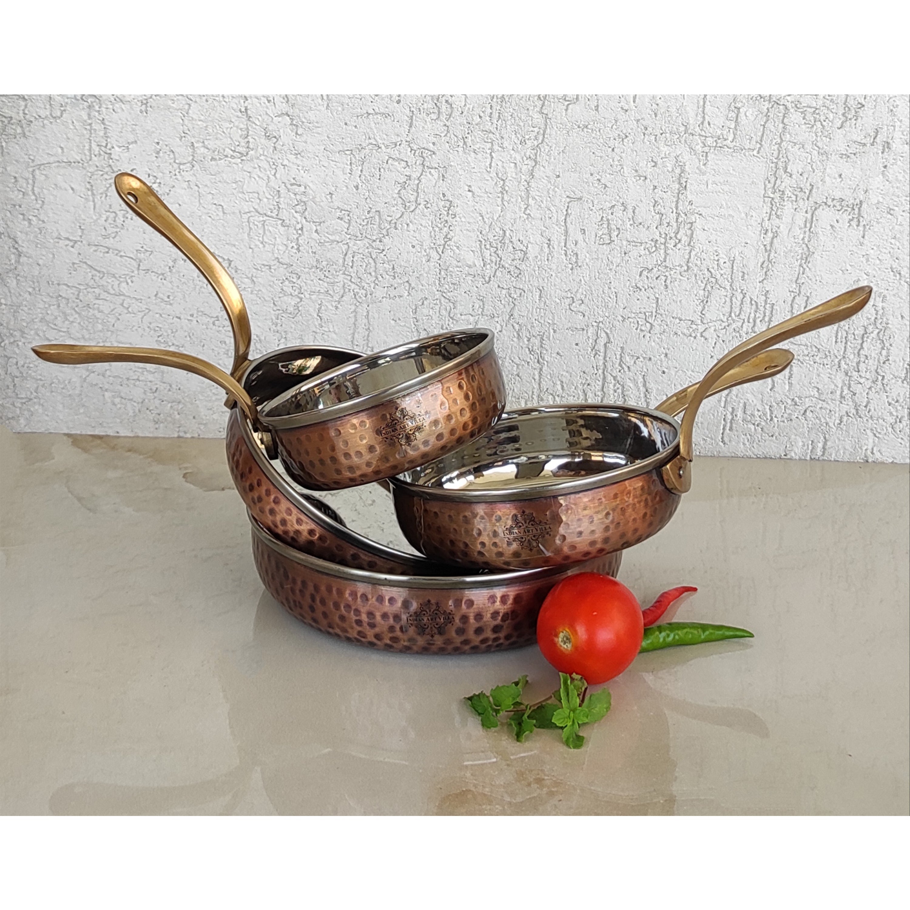 Steel Copper Hammered Antique Dark Tone Design Fry Pan with Brass Handle