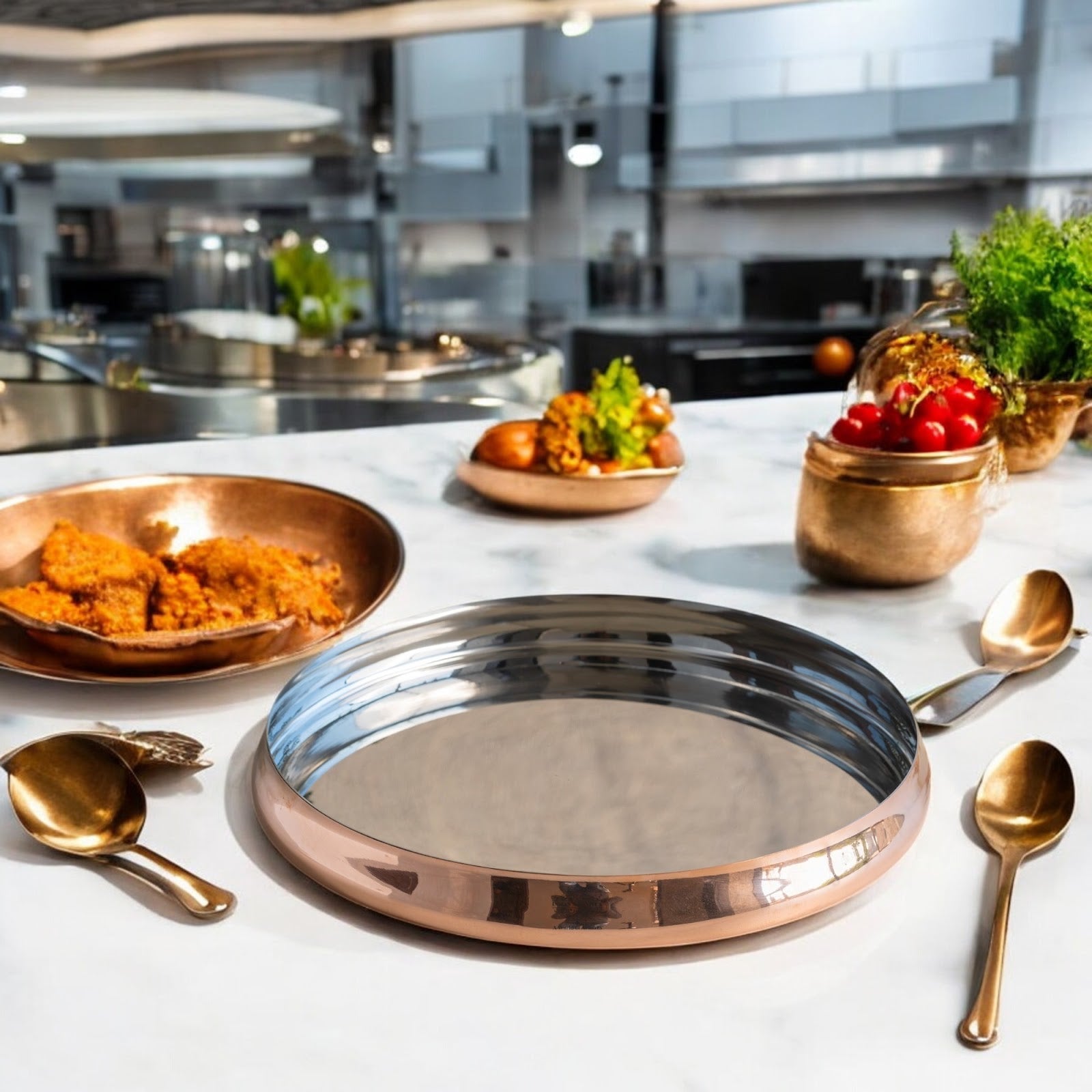 Handmade Pure Steel Copper Curved Thali, Tableware, Dinnerware, 33.02 cm