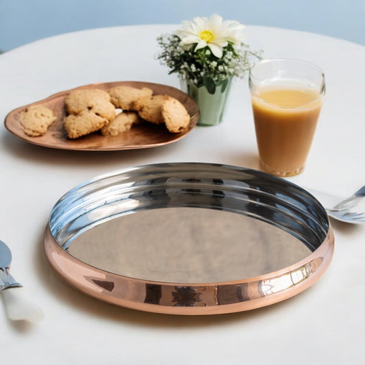 Handmade Pure Steel Copper Curved Thali, Tableware, Dinnerware, 33.02 cm