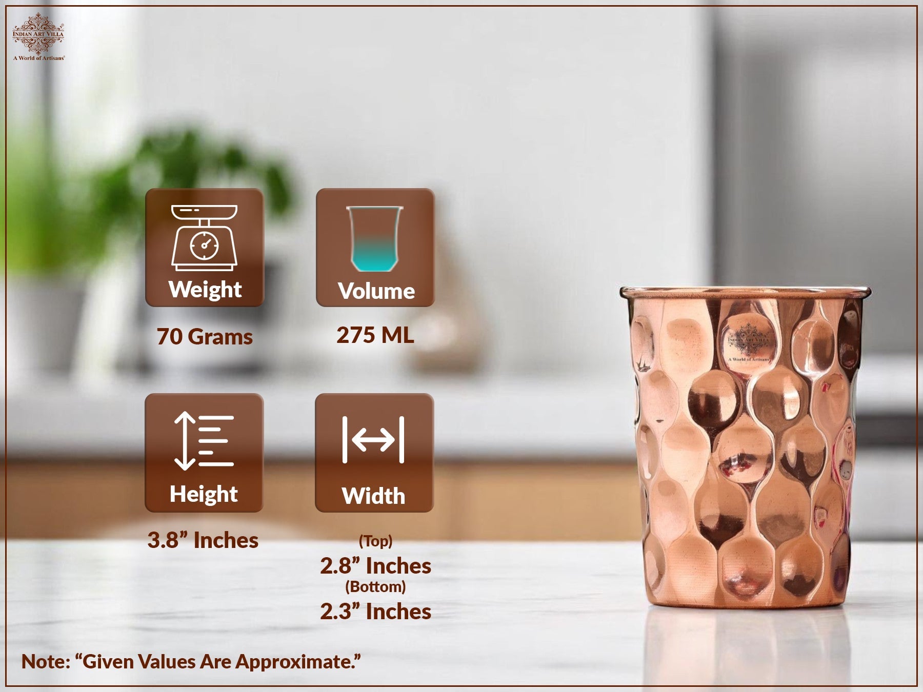 Pure Copper Diamond | Hammered | Shine Finish | Luxury Glasses-275 ML