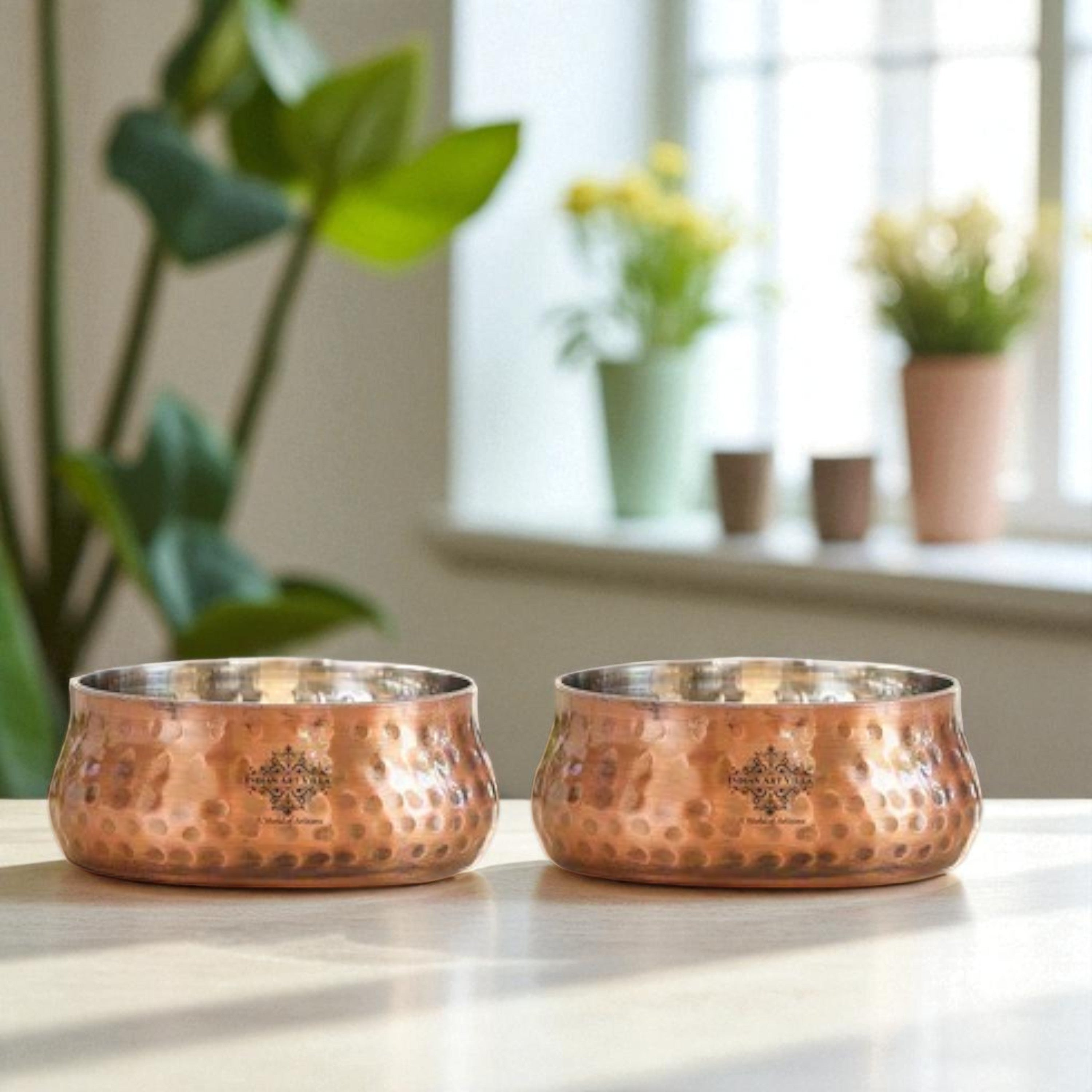 Indian Art Villa, Steel Copper Antique Finish Hammered Curved Bowl