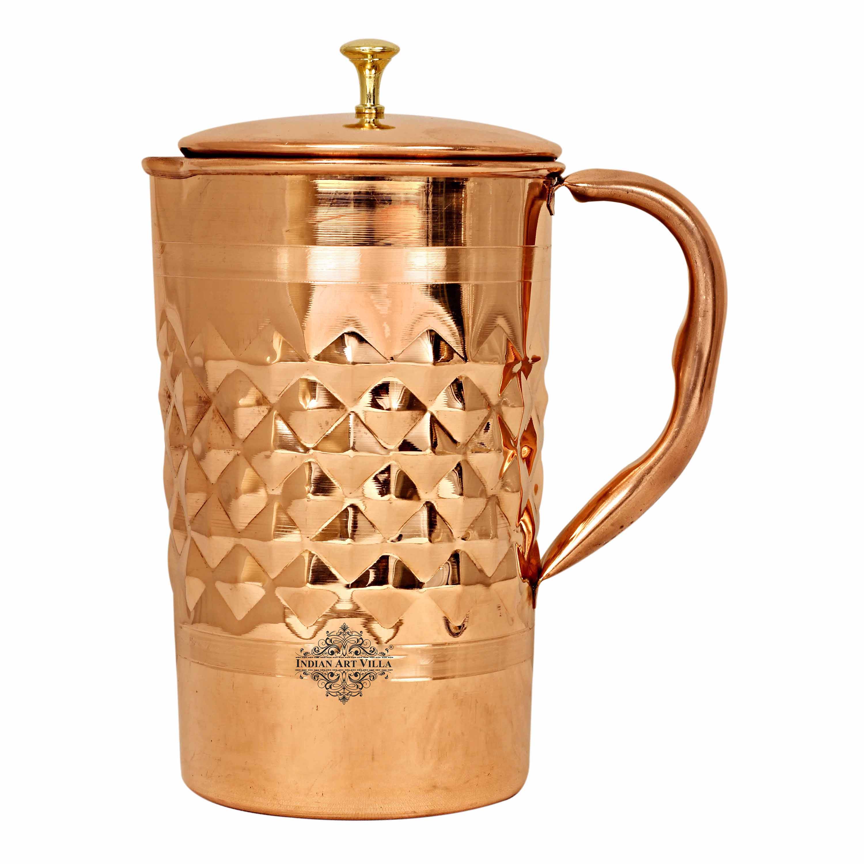 Pure Copper Diamond Hammered Jug With Brass Knob on Lid