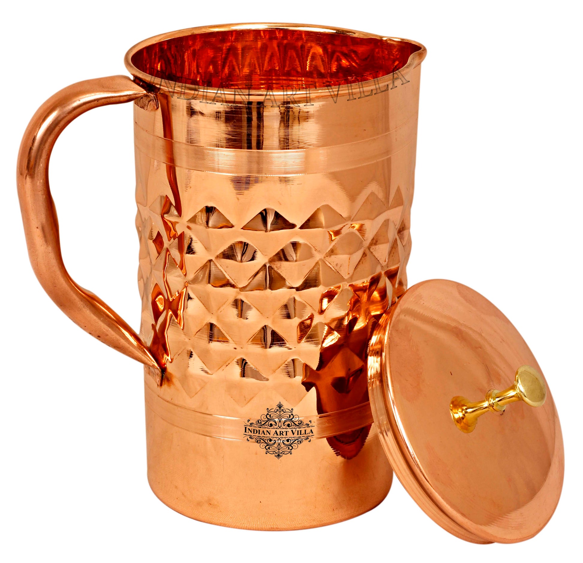 Pure Copper Diamond Hammered Jug With Brass Knob on Lid