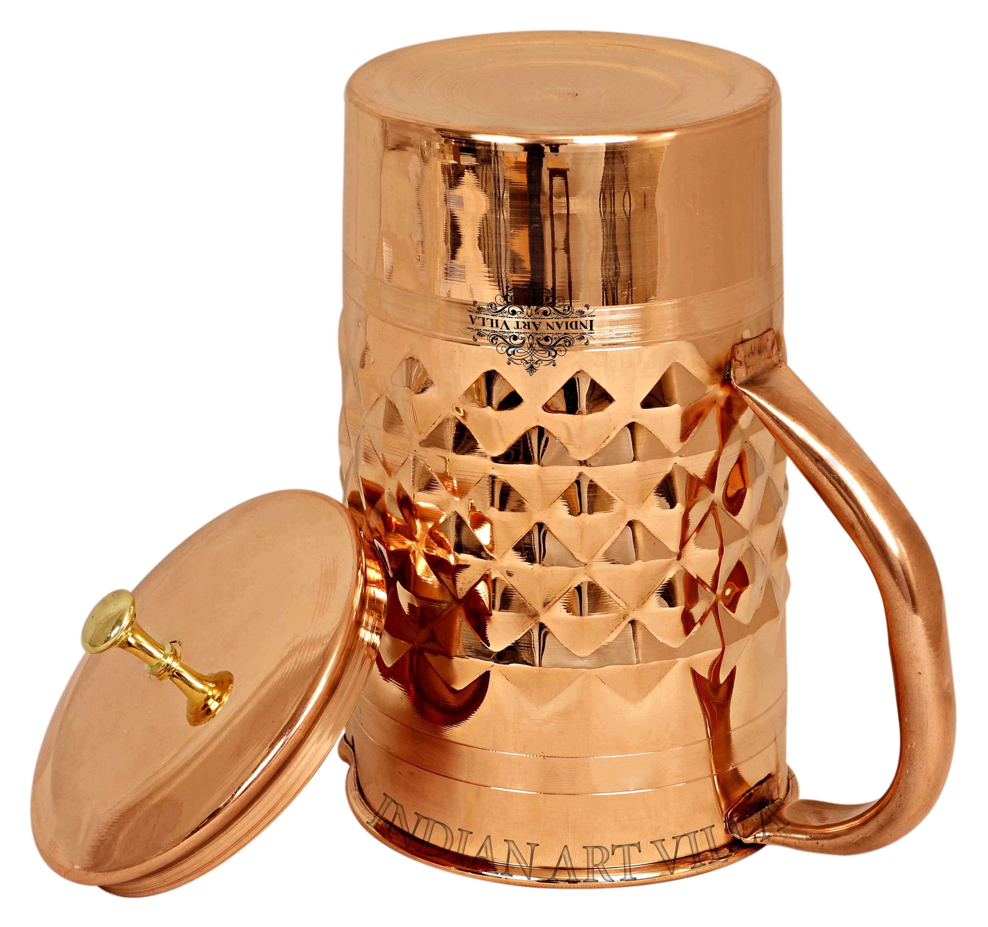 Pure Copper Diamond Hammered Jug With Brass Knob on Lid