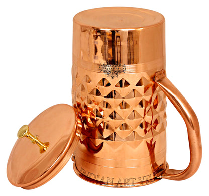 Pure Copper Diamond Hammered Jug With Brass Knob on Lid