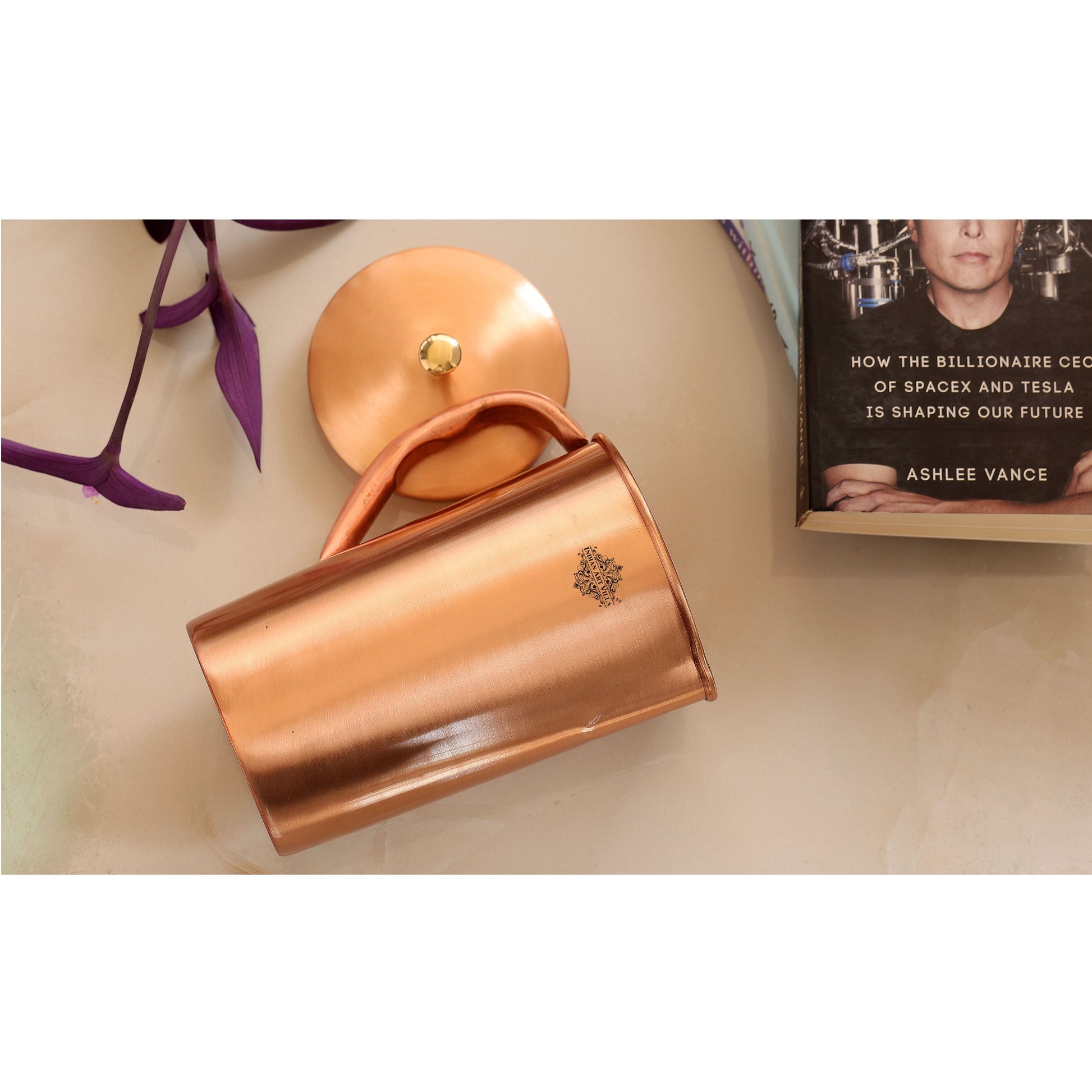 Pure Copper Plain & Matt  Hammered Jug With Brass Knob on Lid