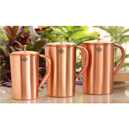 Pure Copper Plain & Matt  Hammered Jug With Brass Knob on Lid