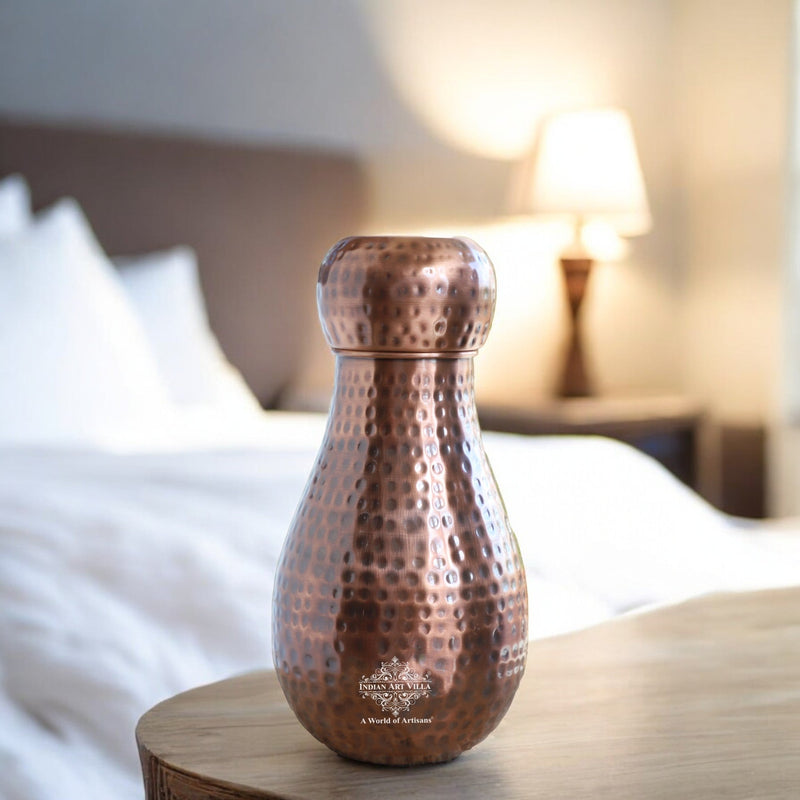 Pure Copper Hammered Design Bedroom Water Bottle with Inbuilt Glass