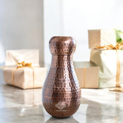 Pure Copper Hammered Design Bedroom Water Bottle with Inbuilt Glass