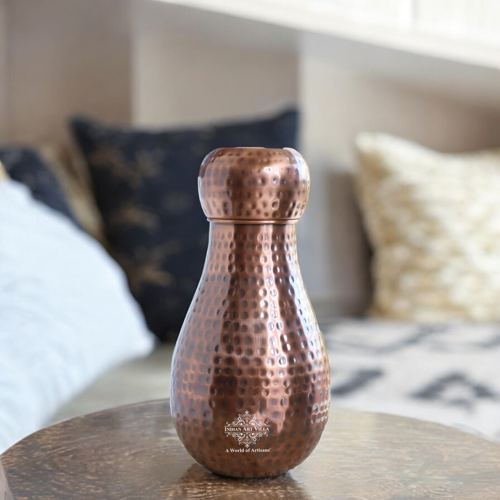 Pure Copper Hammered Design Bedroom Water Bottle with Inbuilt Glass