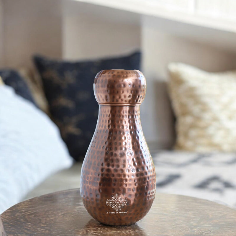 Pure Copper Hammered Design Bedroom Water Bottle with Inbuilt Glass