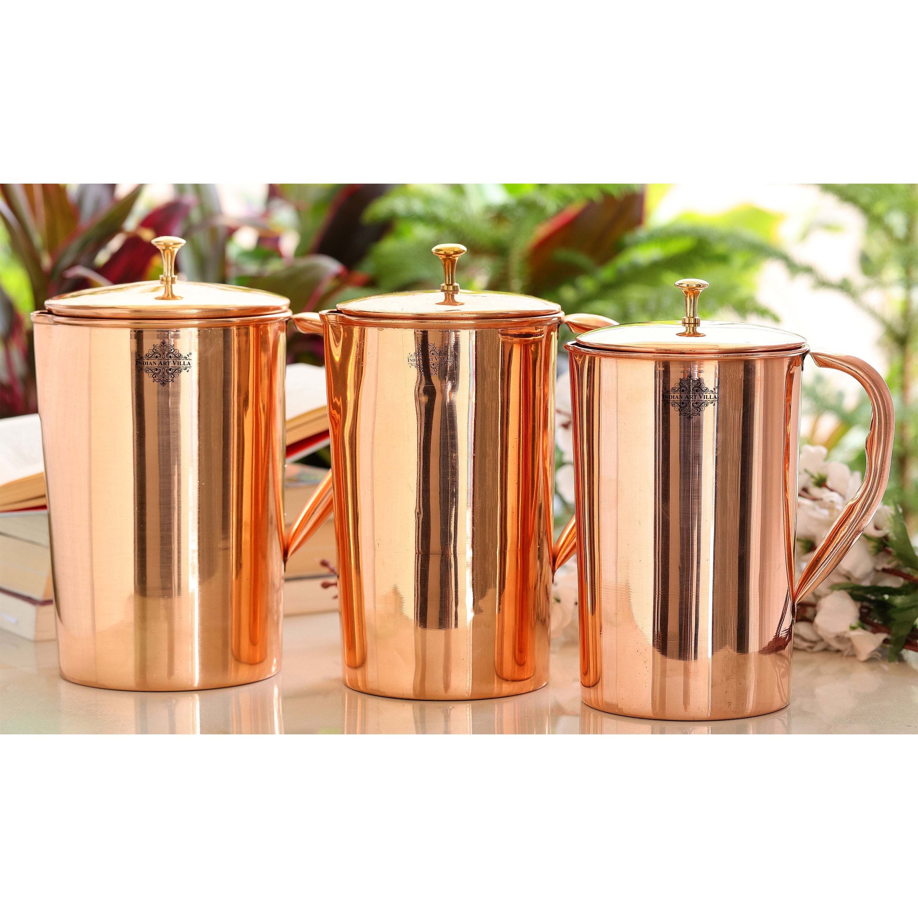 Pure Copper Jug With Diamond Hammered Beeding & Plain Design