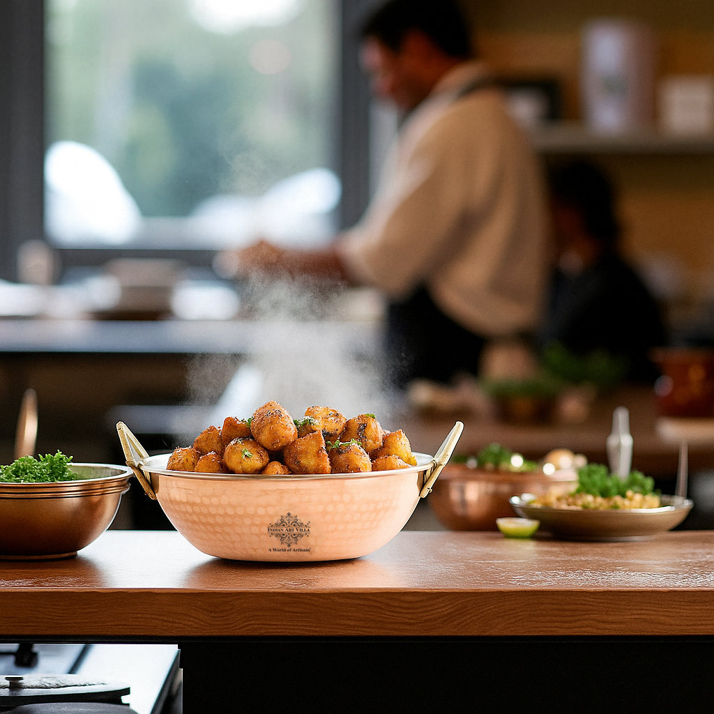 Pure Copper Kadai With Tin Lining, Hammered Design, Cookware & Tableware