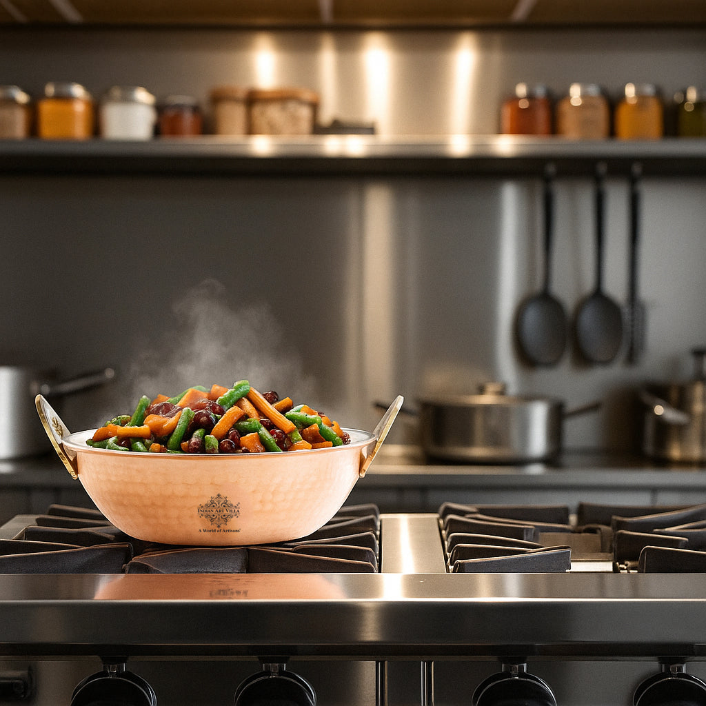 Pure Copper Kadai With Tin Lining, Hammered Design, Cookware & Tableware