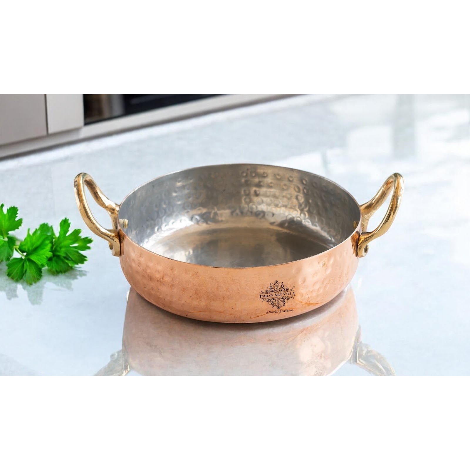 Pure Copper Round Dish, Pan Double Brass Handle With Tin Lining