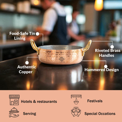 Pure Copper Round Dish, Pan Double Brass Handle With Tin Lining