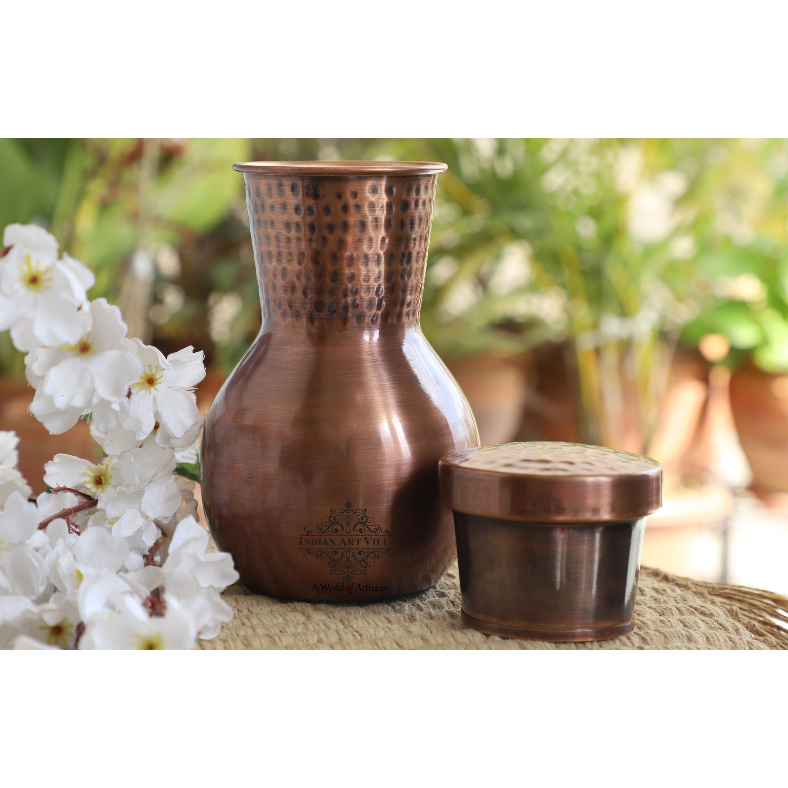 Matka Design Pure Copper Bedroom Bottle With Inbuilt Glass