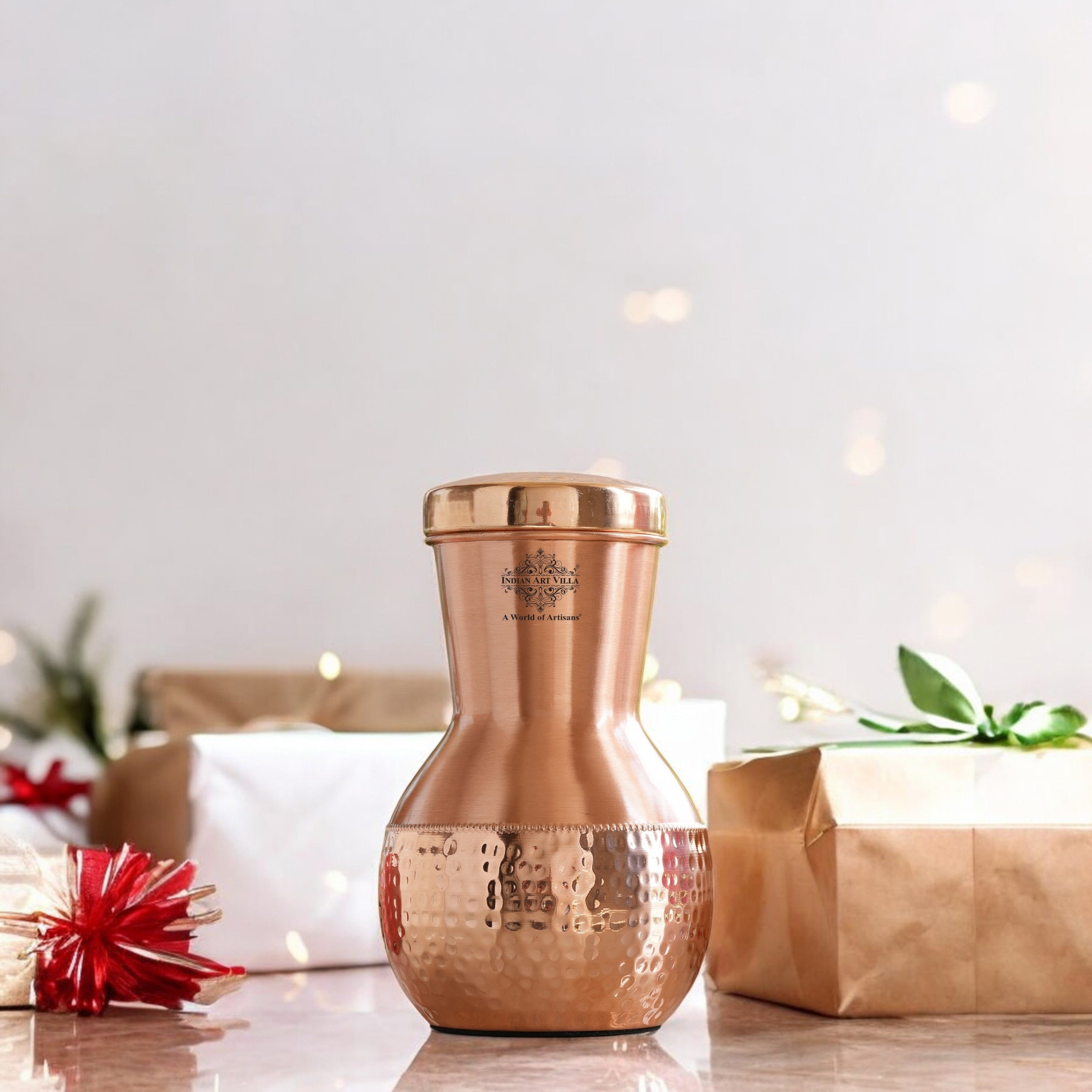 Matka Design Pure Copper Bedroom Bottle With Inbuilt Glass