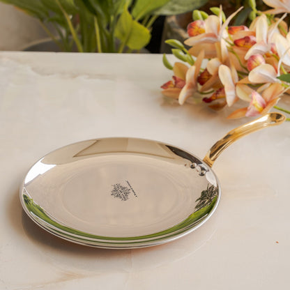 Steel Copper Serving Hammered Tawa Platter With Brass Handle, Home Hotel Rtaurant