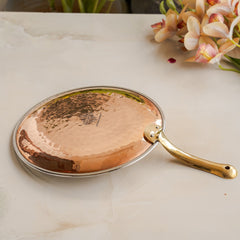Steel Copper Serving Hammered Tawa Platter With Brass Handle, Home Hotel Rtaurant