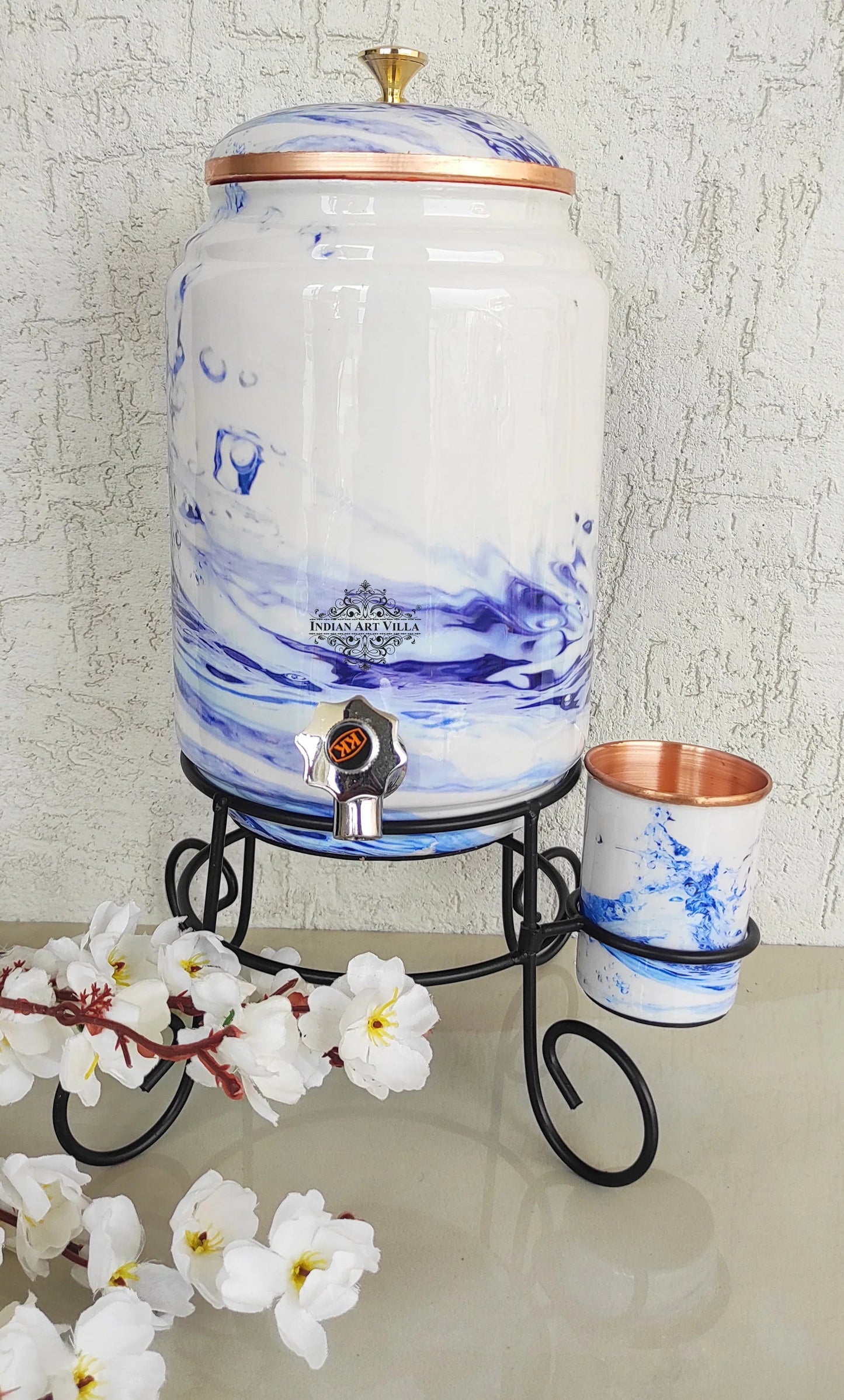 Copper White Aqua Blue Printed Design Water Pot With Stand & Glass | 5 Litres