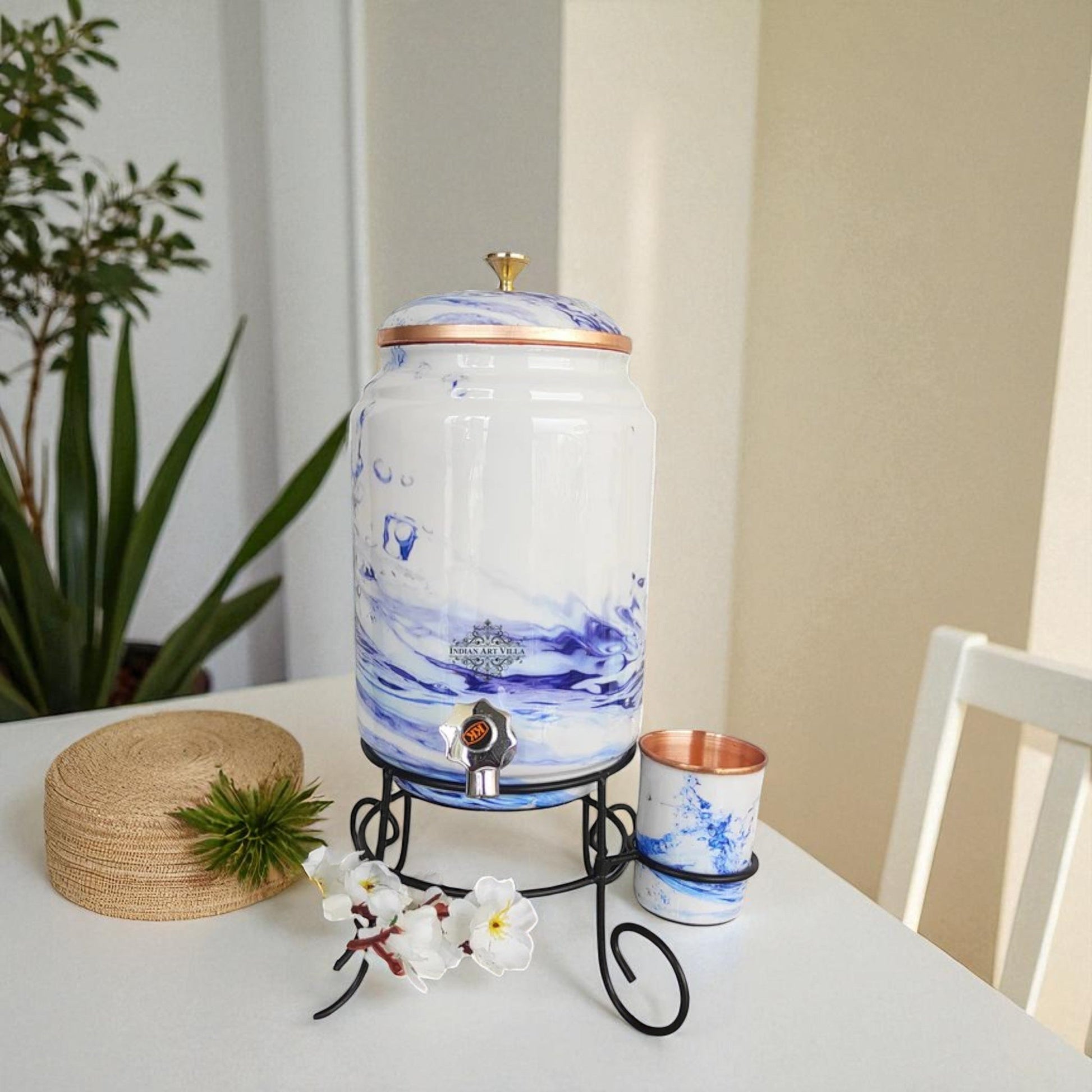 Copper White Aqua Blue Printed Design Water Pot With Stand & Glass | 5 Litres