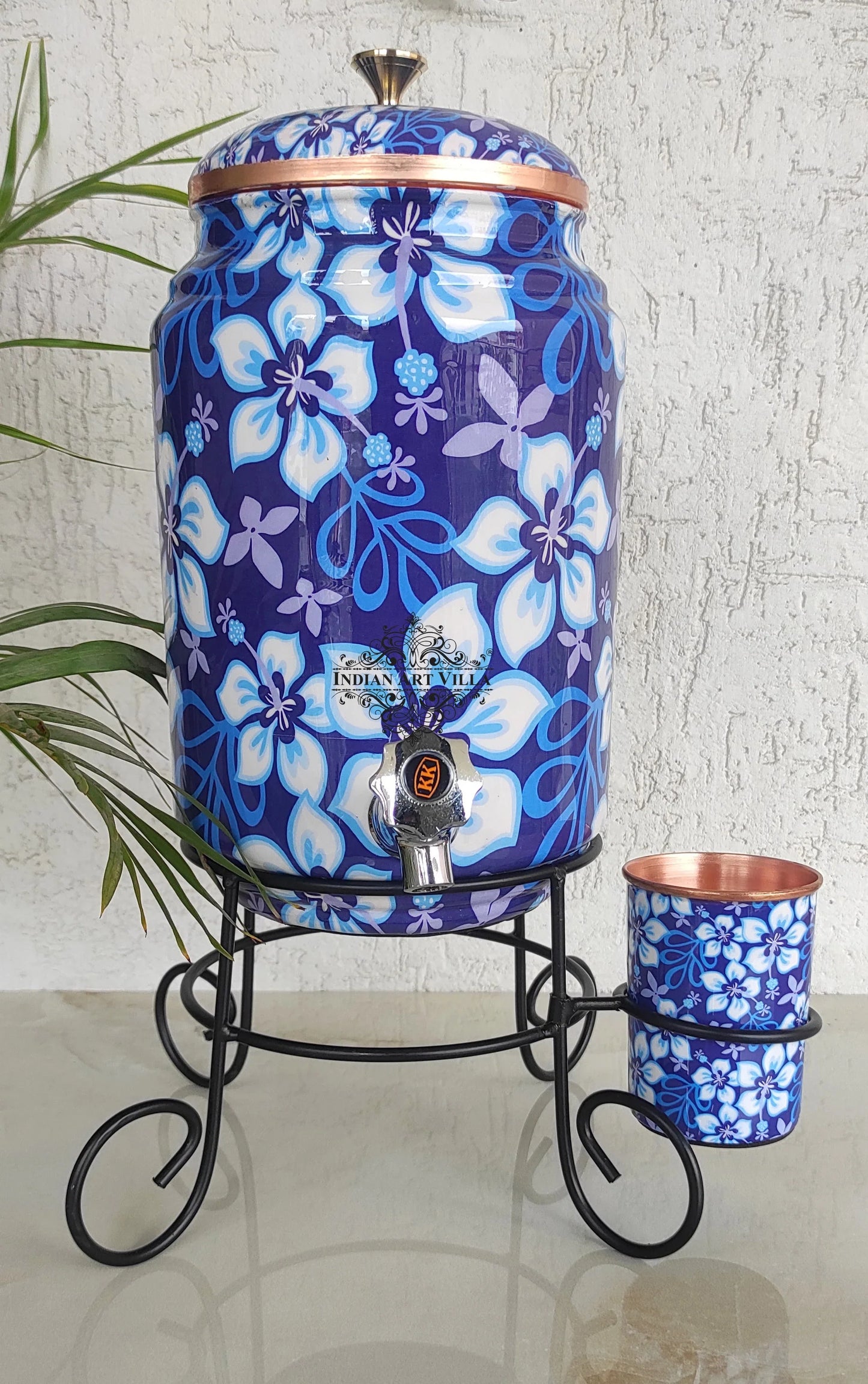Pure Copper Blue Floral Water Pot with Glass & Stand 5L
