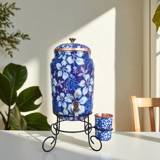 Pure Copper Blue Floral Water Pot with Glass & Stand 5L