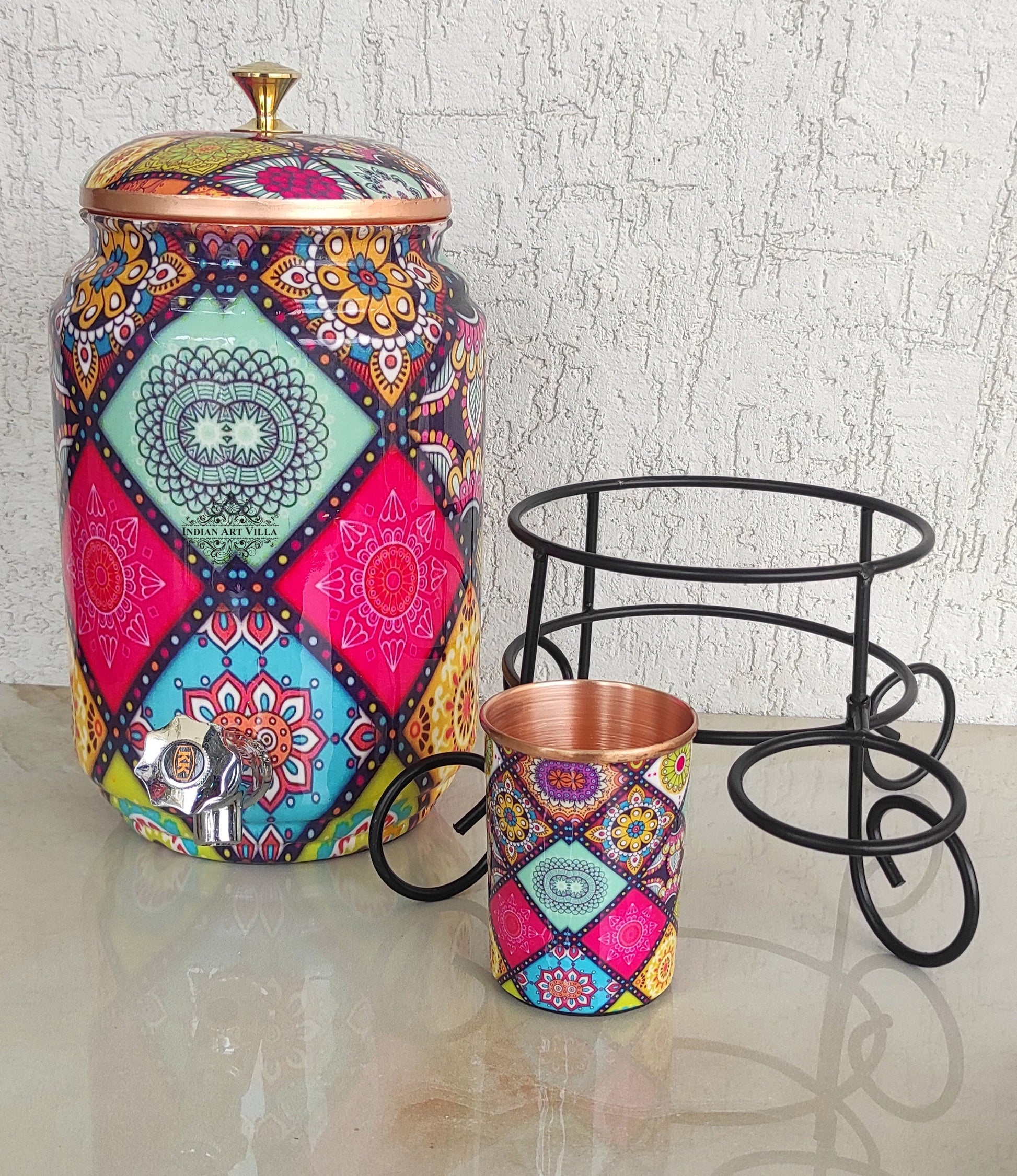 Copper Water Pot With Stand & Glass | Beautiful Printed Pot | Multicolor | 5 Litres