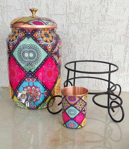 Copper Water Pot With Stand & Glass | Beautiful Printed Pot | Multicolor | 5 Litres
