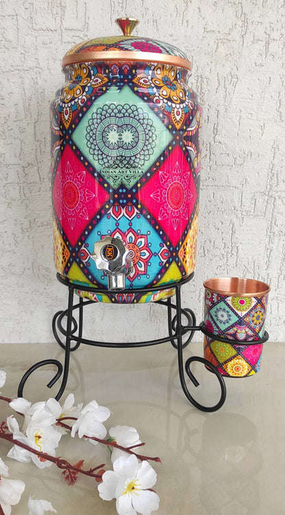 Copper Water Pot With Stand & Glass | Beautiful Printed Pot | Multicolor | 5 Litres
