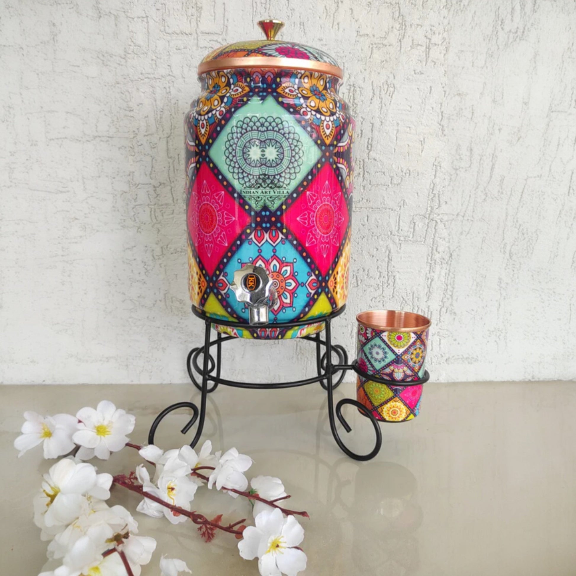 Copper Water Pot With Stand & Glass | Beautiful Printed Pot | Multicolor | 5 Litres