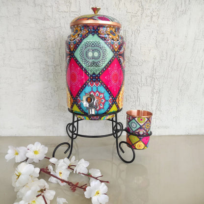 Copper Water Pot With Stand & Glass | Beautiful Printed Pot | Multicolor | 5 Litres
