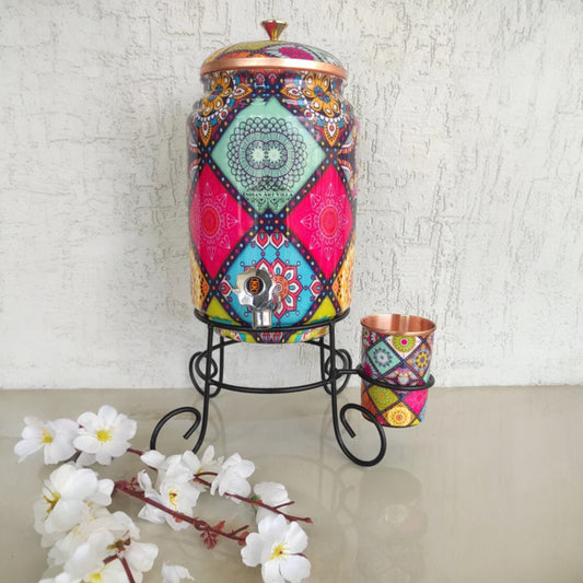 Copper Water Pot With Stand & Glass | Beautiful Printed Pot | Multicolor | 5 Litres