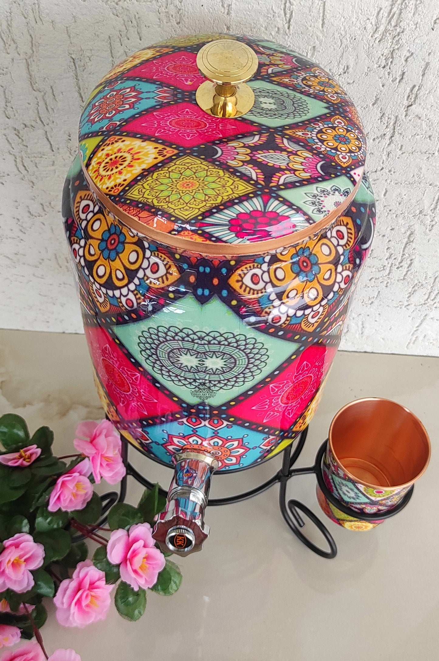 Copper Water Pot With Stand & Glass | Beautiful Printed Pot | Multicolor | 5 Litres
