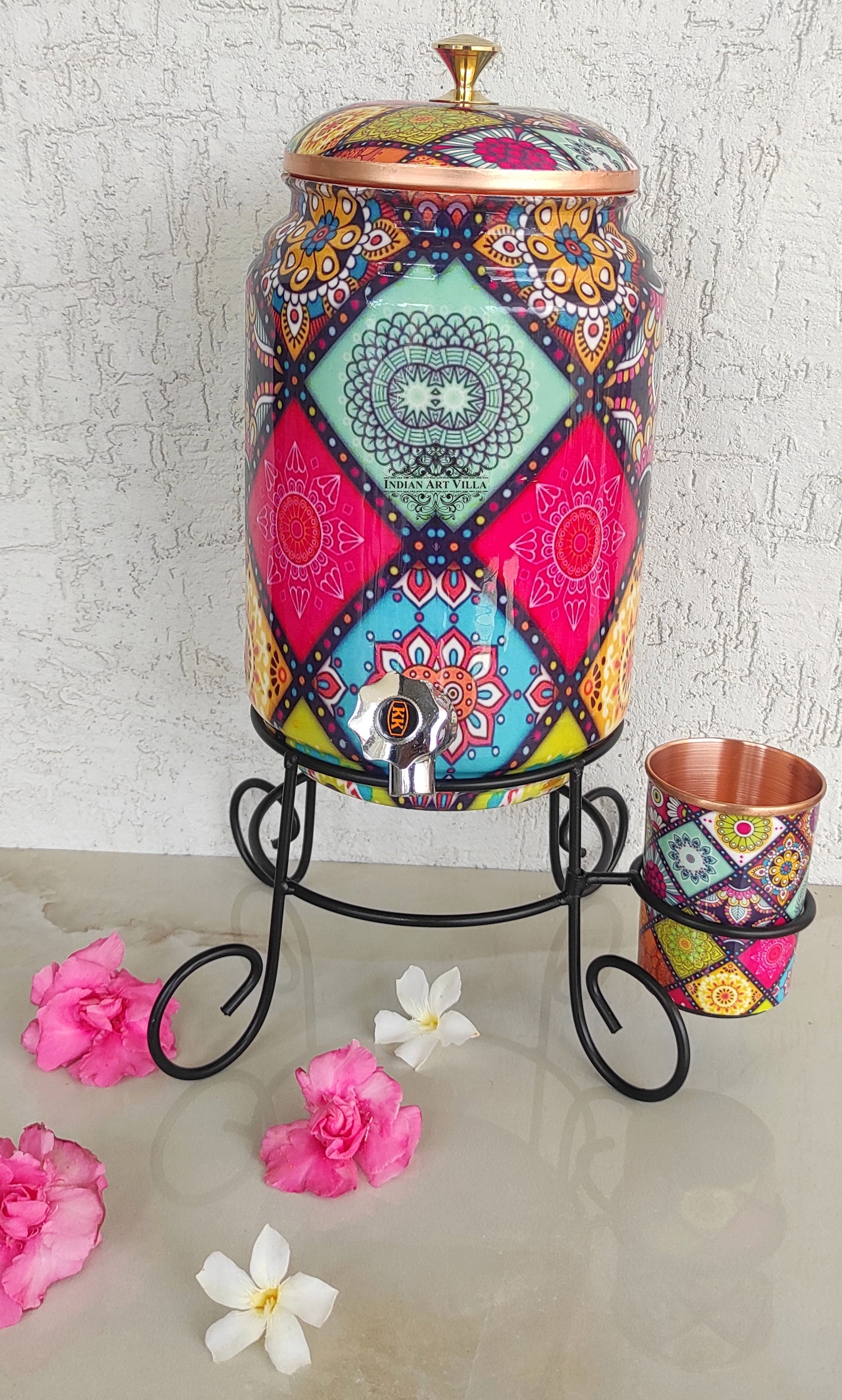 Copper Water Pot With Stand & Glass | Beautiful Printed Pot | Multicolor | 5 Litres