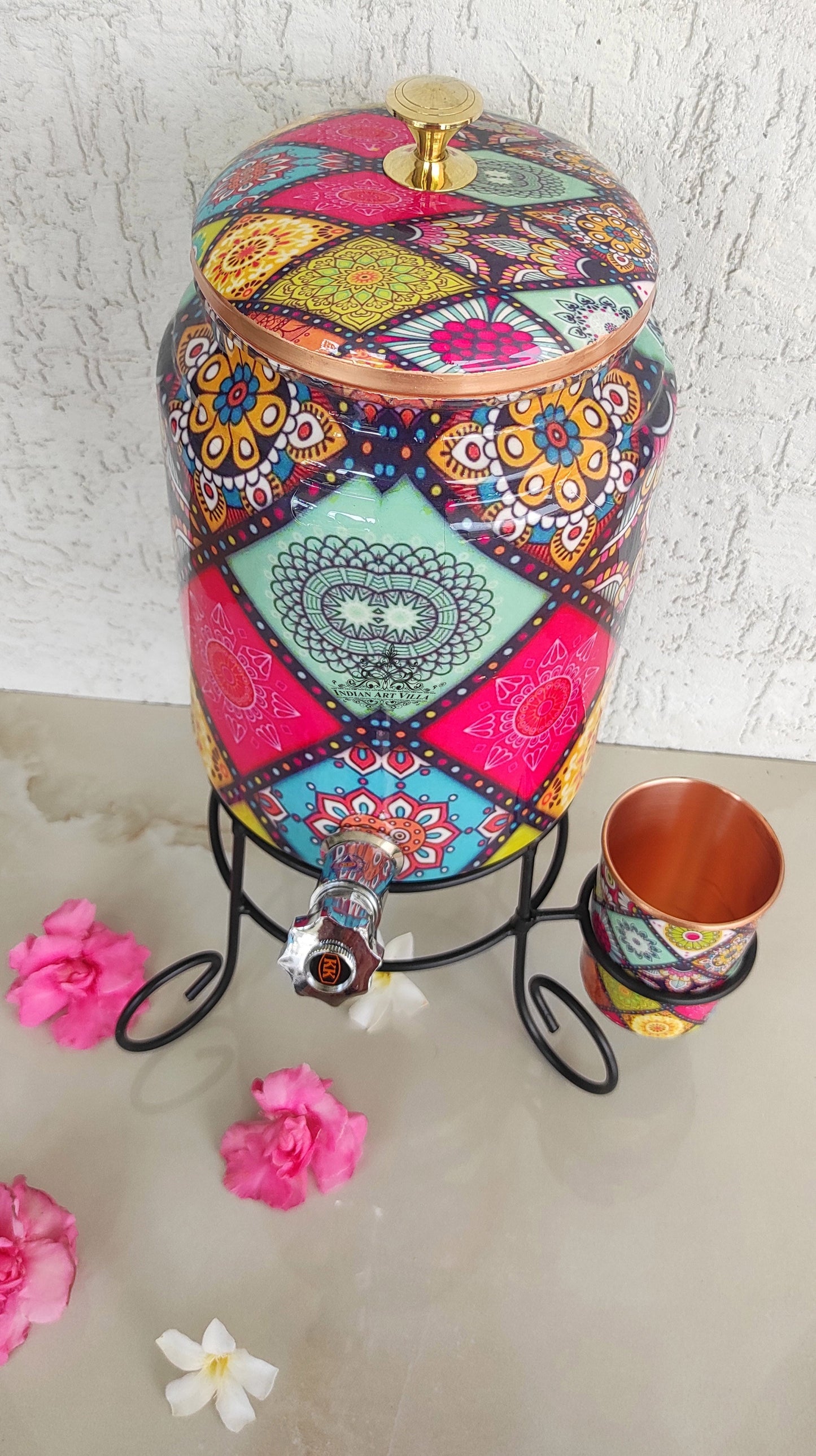 Copper Water Pot With Stand & Glass | Beautiful Printed Pot | Multicolor | 5 Litres