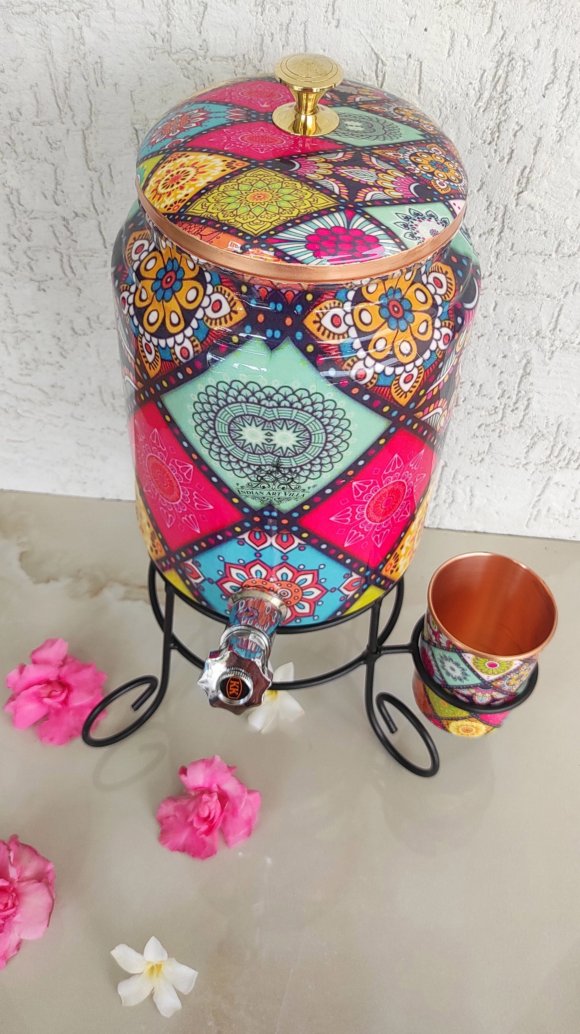 Copper Water Pot With Stand & Glass | Beautiful Printed Pot | Multicolor | 5 Litres