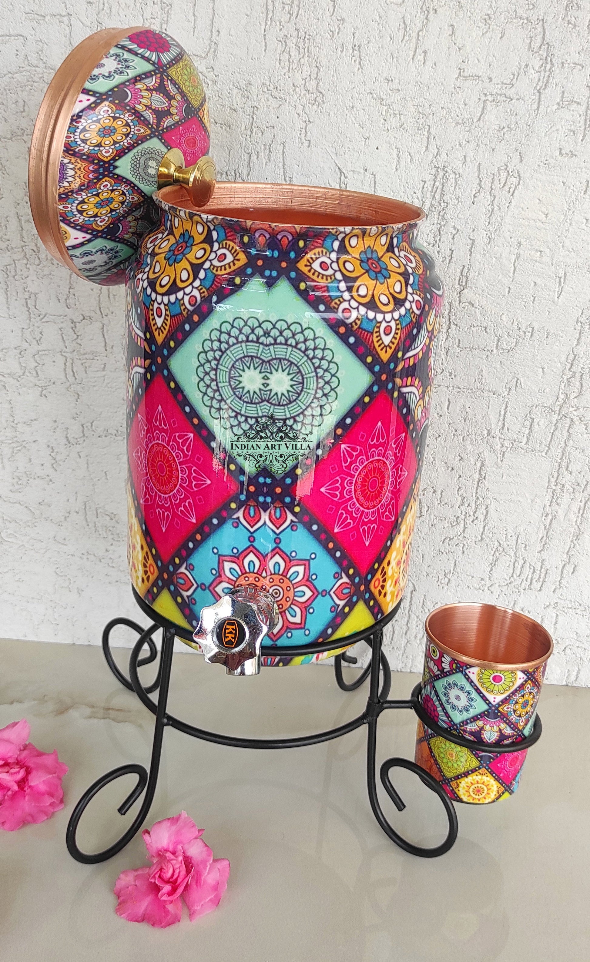 Copper Water Pot With Stand & Glass | Beautiful Printed Pot | Multicolor | 5 Litres