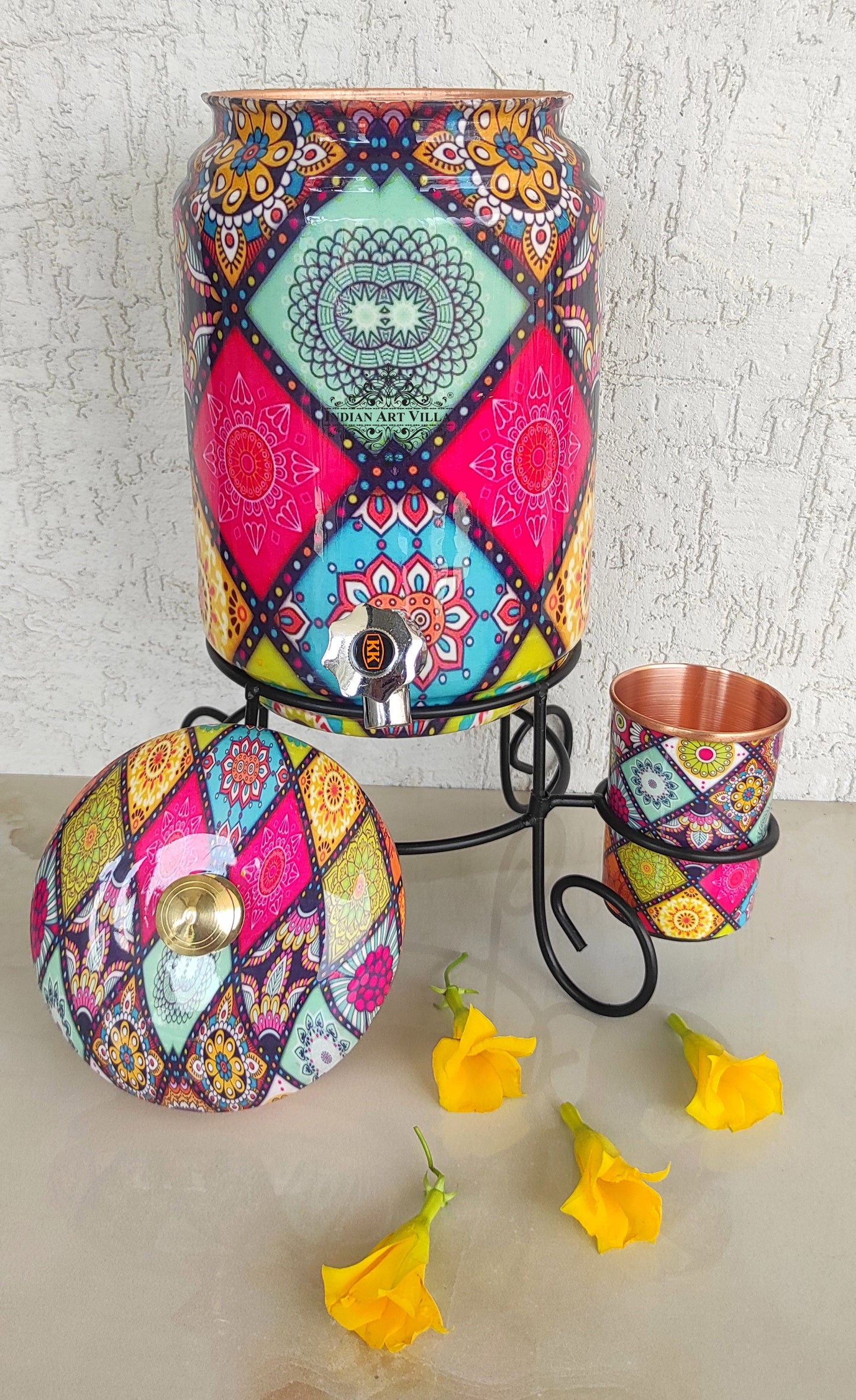 Copper Water Pot With Stand & Glass | Beautiful Printed Pot | Multicolor | 5 Litres