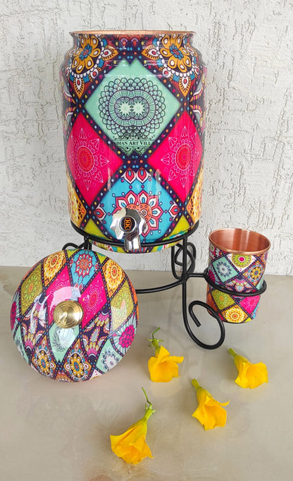 Copper Water Pot With Stand & Glass | Beautiful Printed Pot | Multicolor | 5 Litres