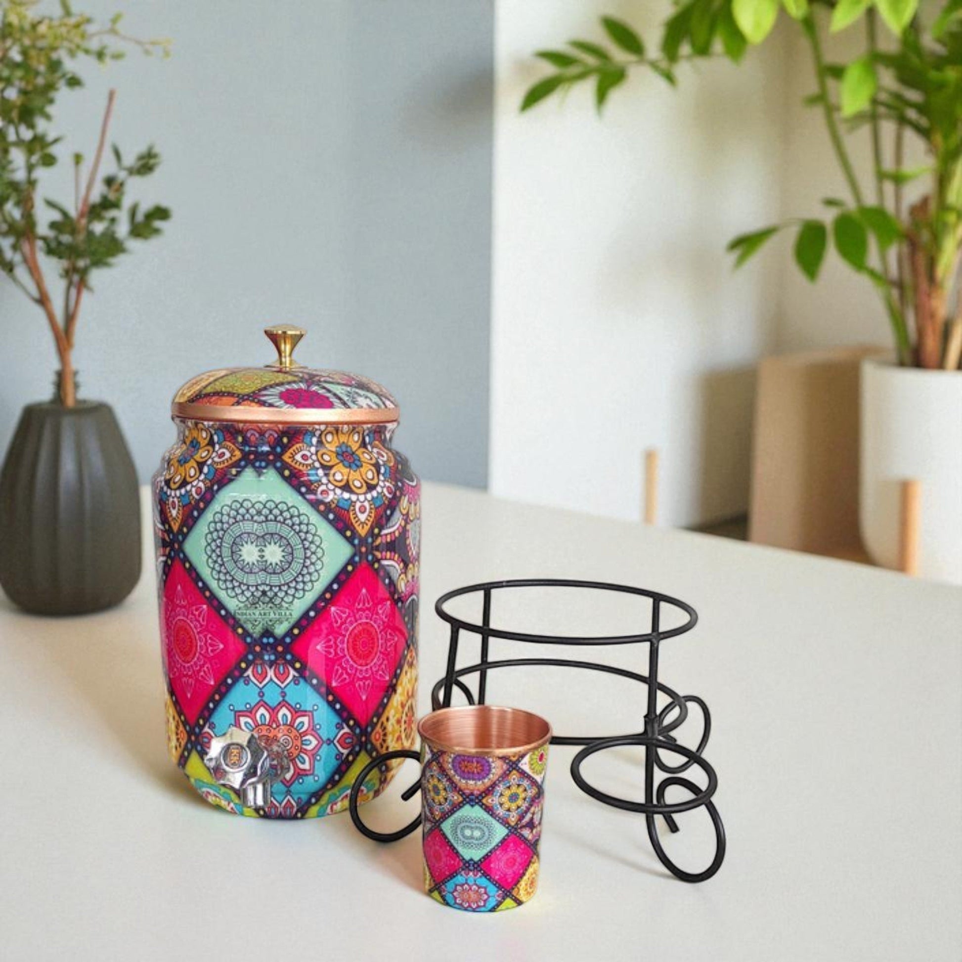 Copper Water Pot With Stand & Glass | Beautiful Printed Pot | Multicolor | 5 Litres