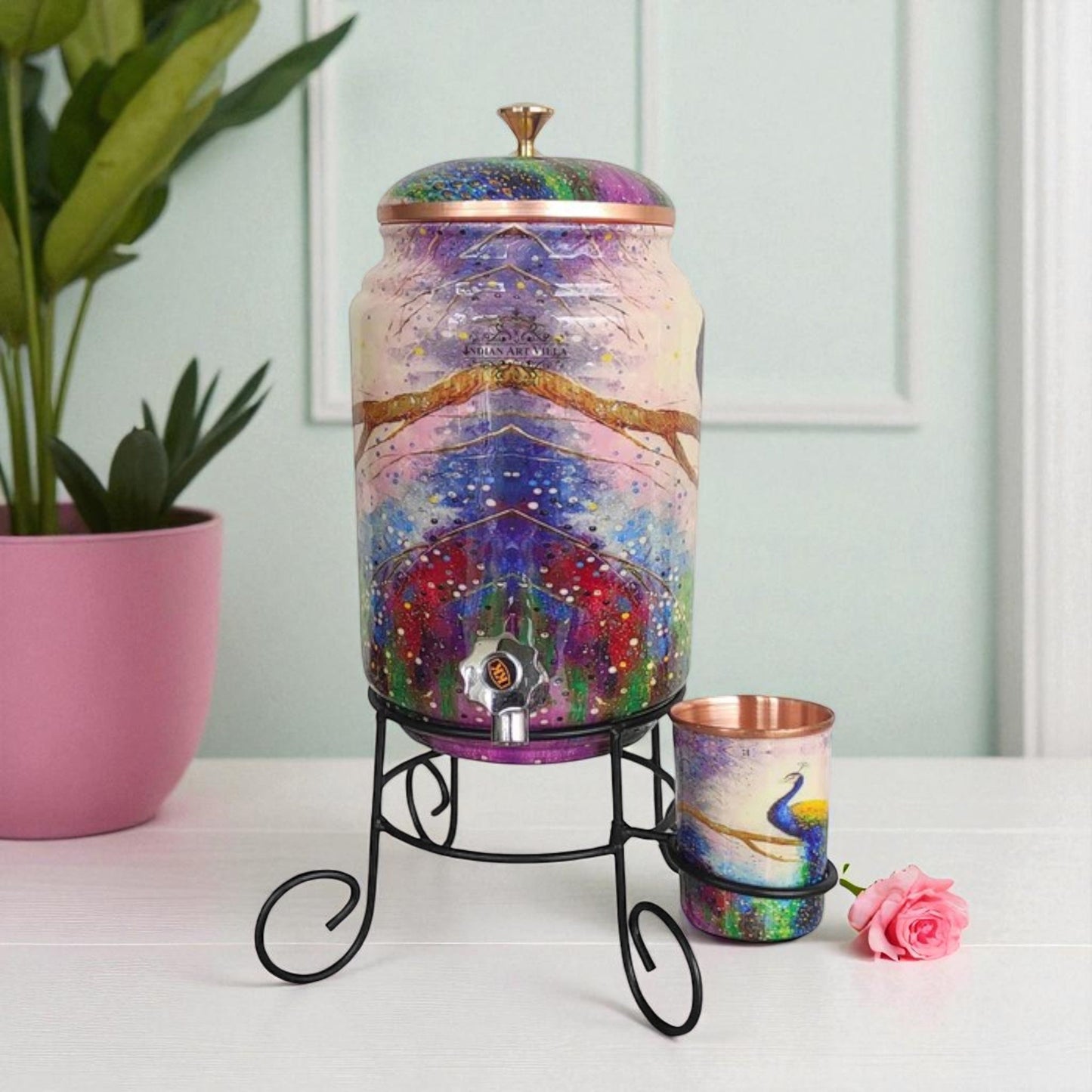 Copper Colorful Peacock Printed Design Water Pot With Stand & Glass 5 Litres