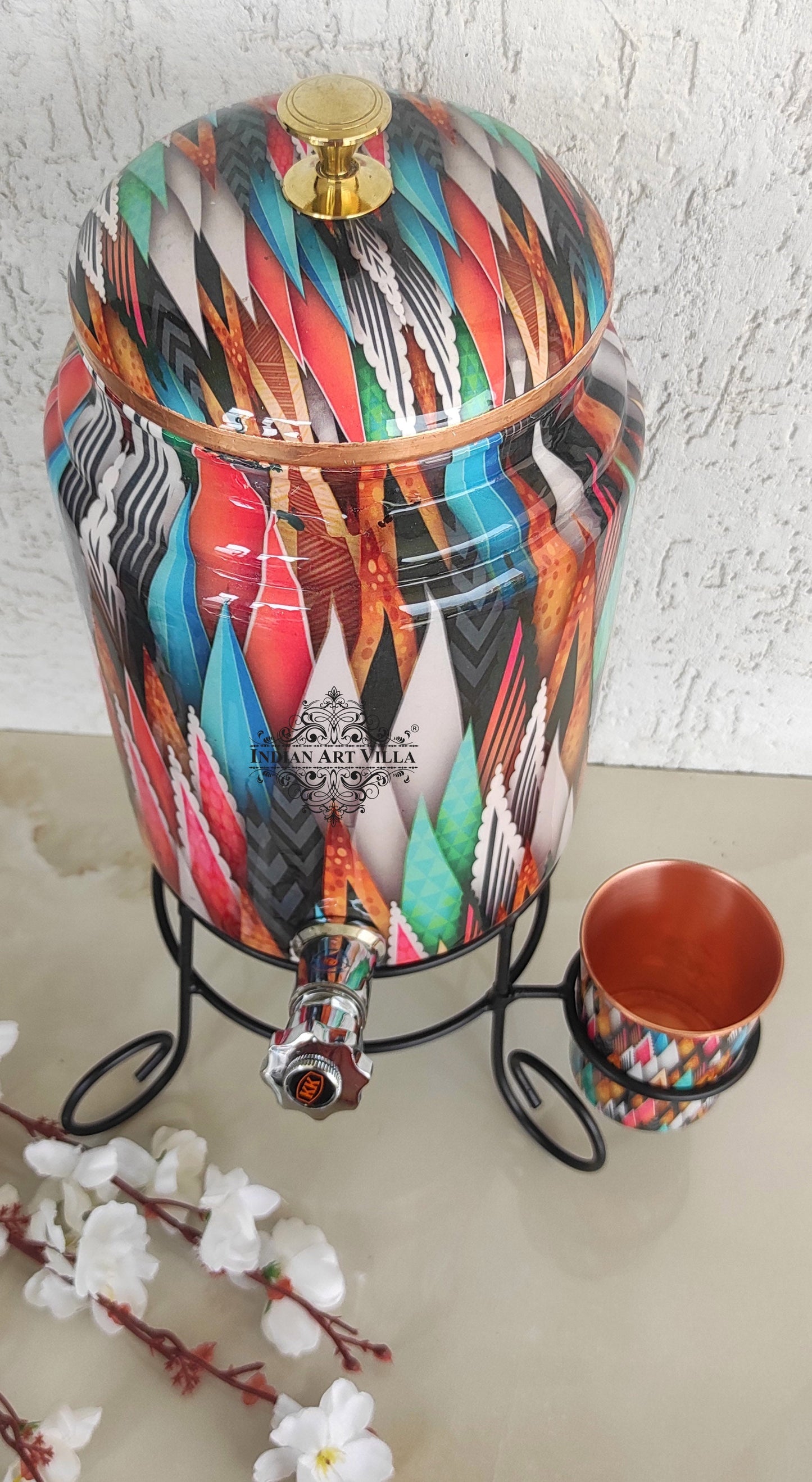 Pure Copper Colorful Spikes Printed Design Water Pot Heavy Gauge with Brass Tap & Copper Glass & Stand | Serveware | Drinkware | 5 Litres